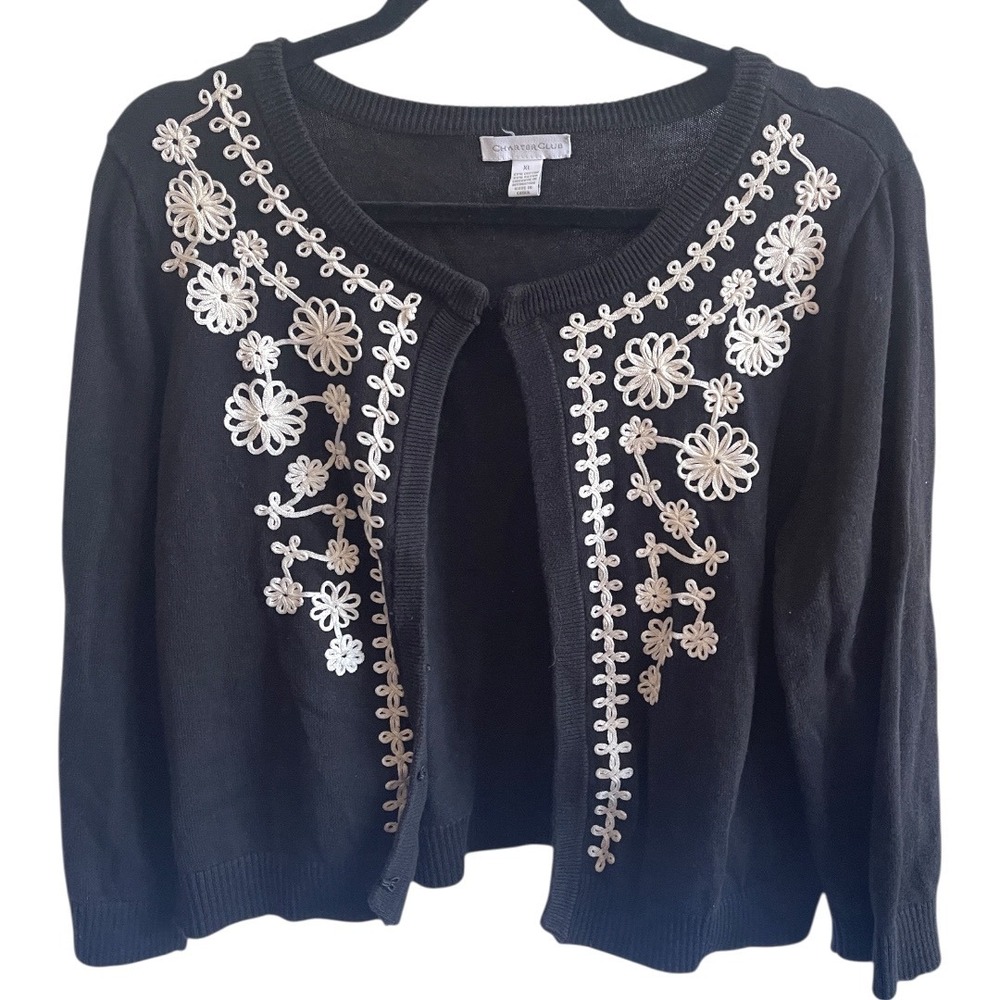 Boho Black Floral Embroidered Cardigan Sweater Charter Club XL